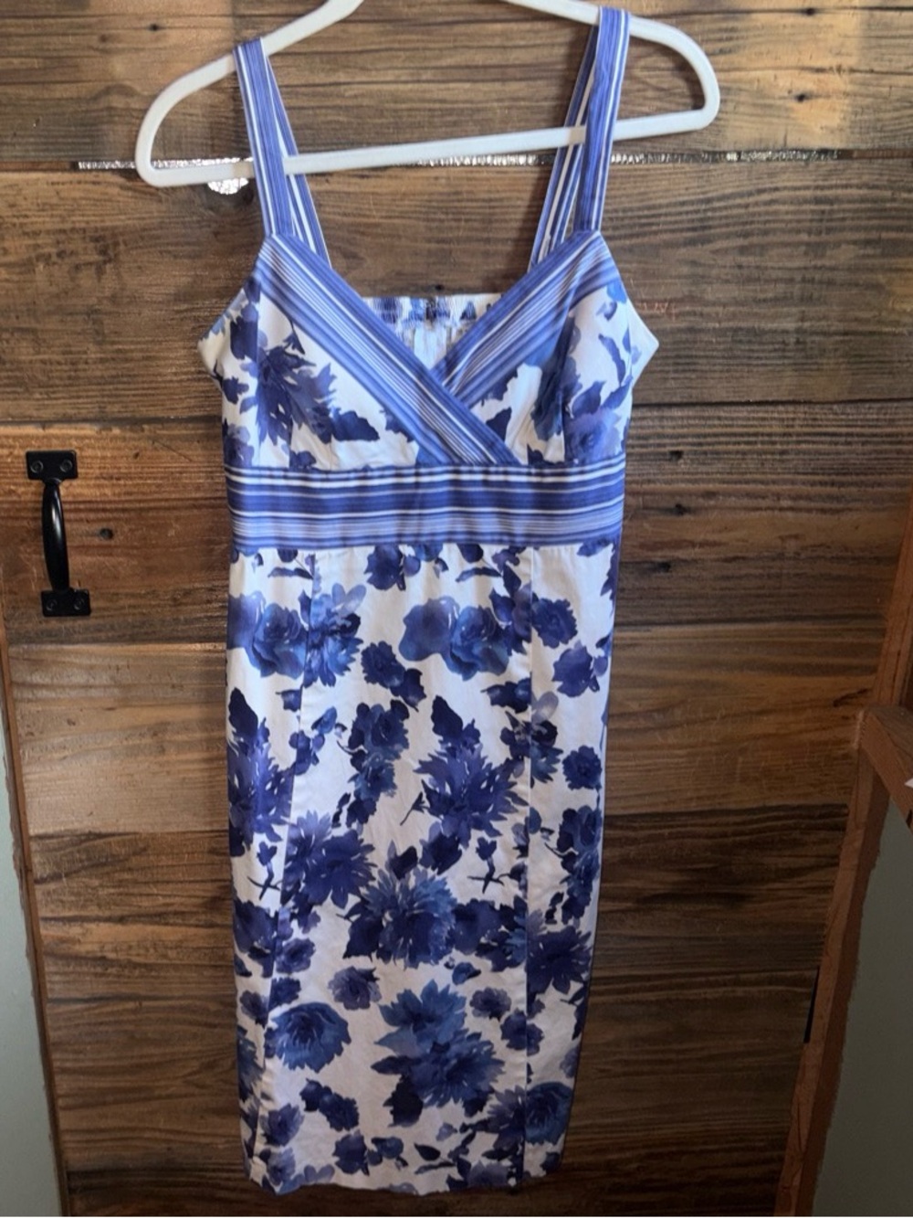 madison leigh Blue and White Floral Midi Dress with Strappy V-Neck